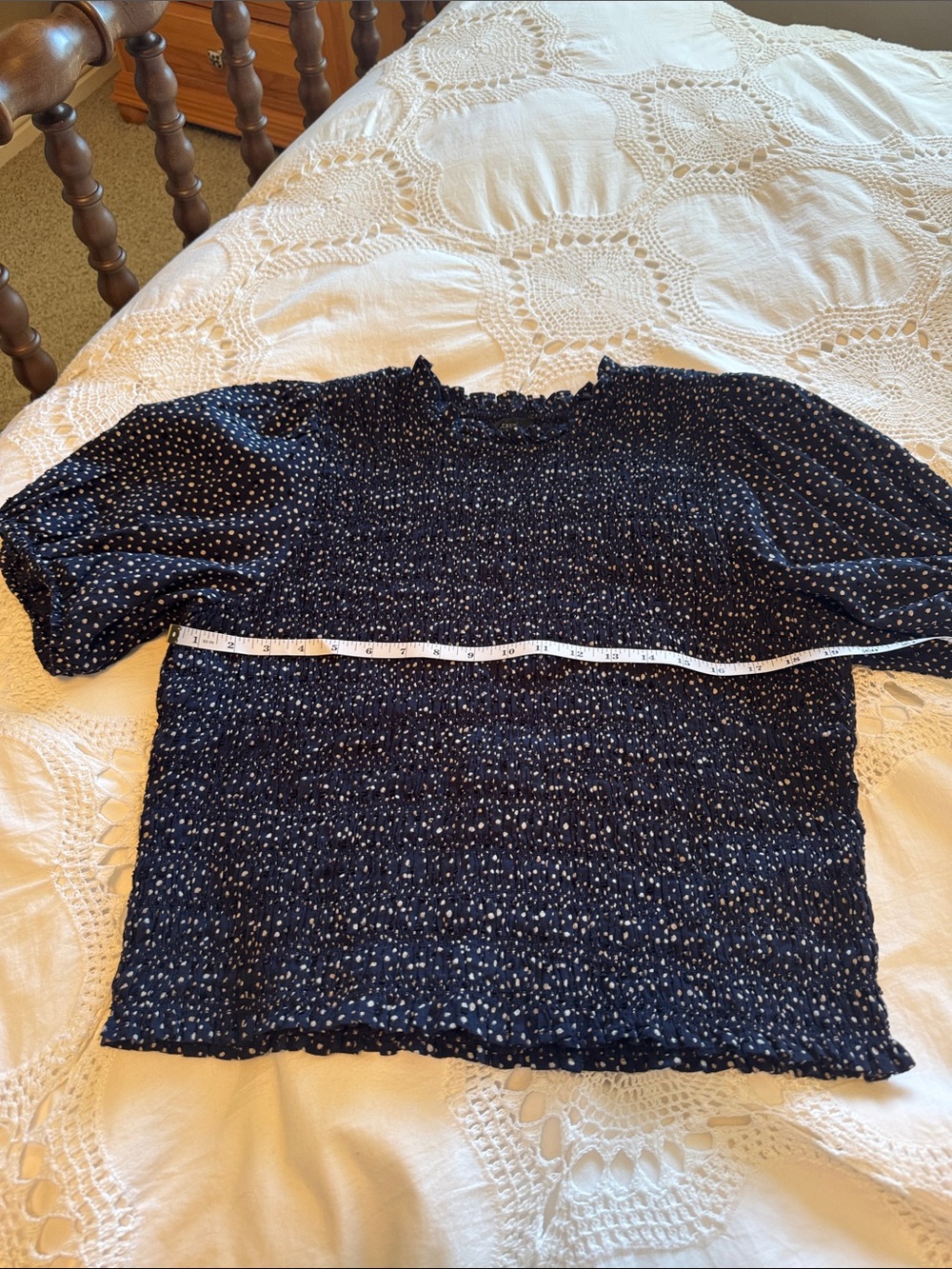 J. Crew Navy Smocked Crop Top with White Dot Print